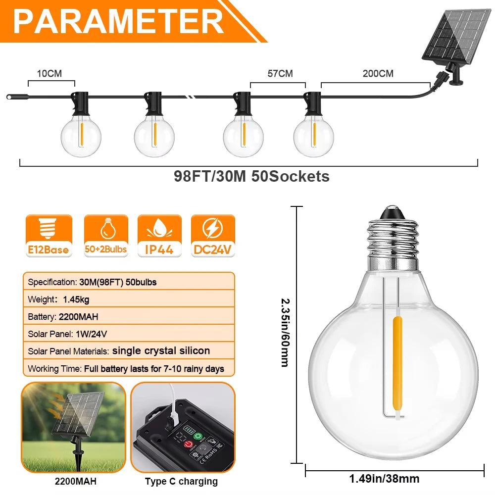 Guirlande Solaire G40 Premium — Ambiance Italienne - dimensions
