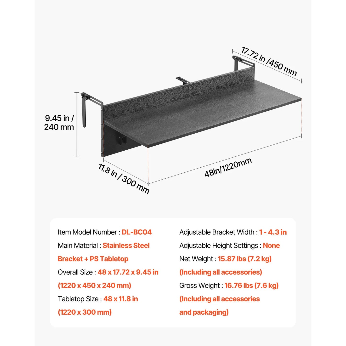 Tablette Pliante Suspendue à la Rambarde — Solution Génie - dimensions