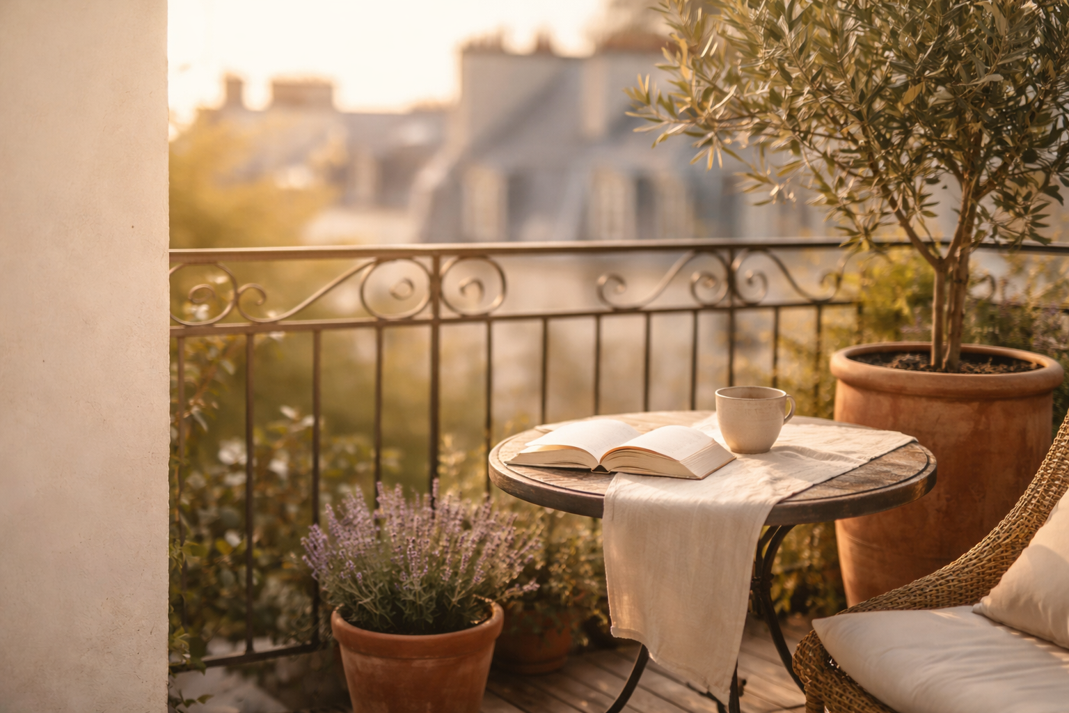 Balcon parisien avec olivier au coucher du soleil — Atelier Balcon